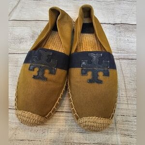 Tory Burch Size 8.5 Weston Espadrille Slip On Olive Green & Navy Blue Canvas Sho